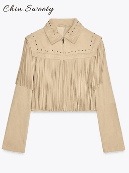 Dámská volnočasová jarní bunda s třásněmi a zipem - elegantní retro střih - náhled 6