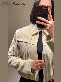 Dámská volnočasová jarní bunda s třásněmi a zipem - elegantní retro střih - náhled 4