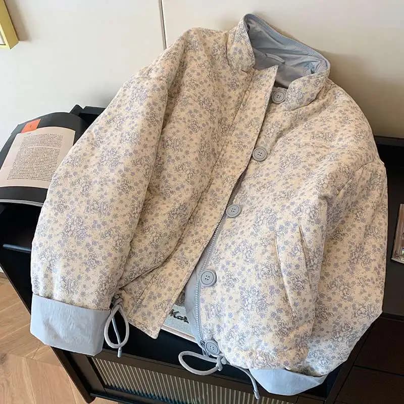 Modrá dámská zimní bunda s potiskem - elegantní bavlněný kabát do chladného počasí