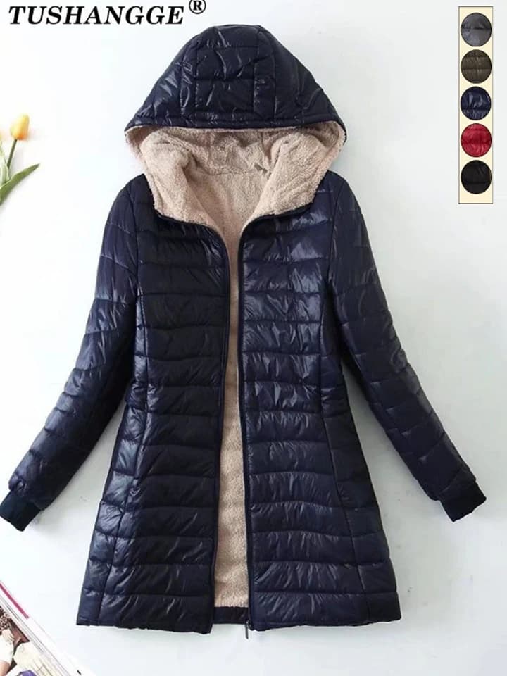 Dámská zimní bunda s kapucí - elegantní Mid Length kabát z bavlny, teplý flísový model do kanceláře i ven