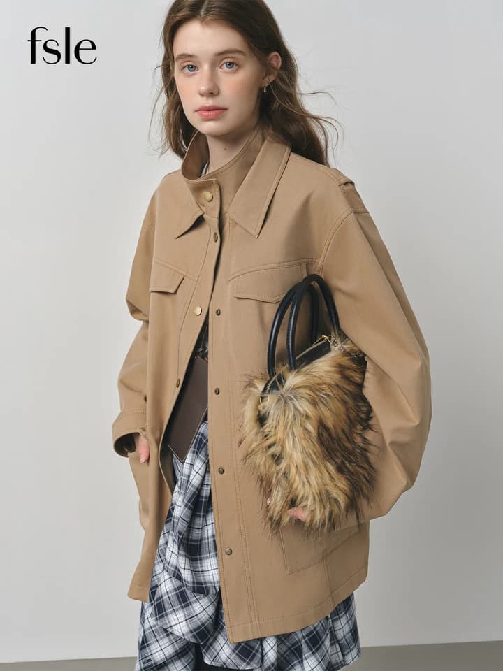 Dámská vintage pracovní bunda volný střih podzimní kabát s límcem retro styl XS-XL