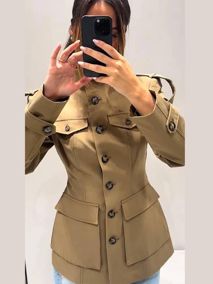 Dámská podzimní bunda s límcem a kapsami - módní elegantní kabát do města
