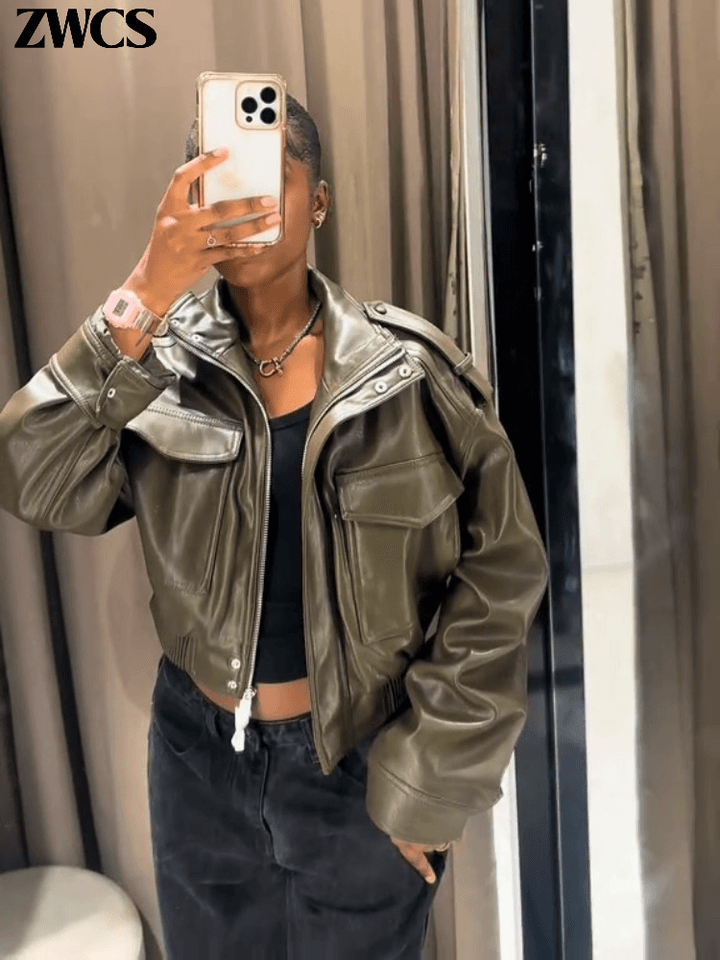 Dámská kožená bunda vintage střih krátká černá sportovní jarní podzimní kabát