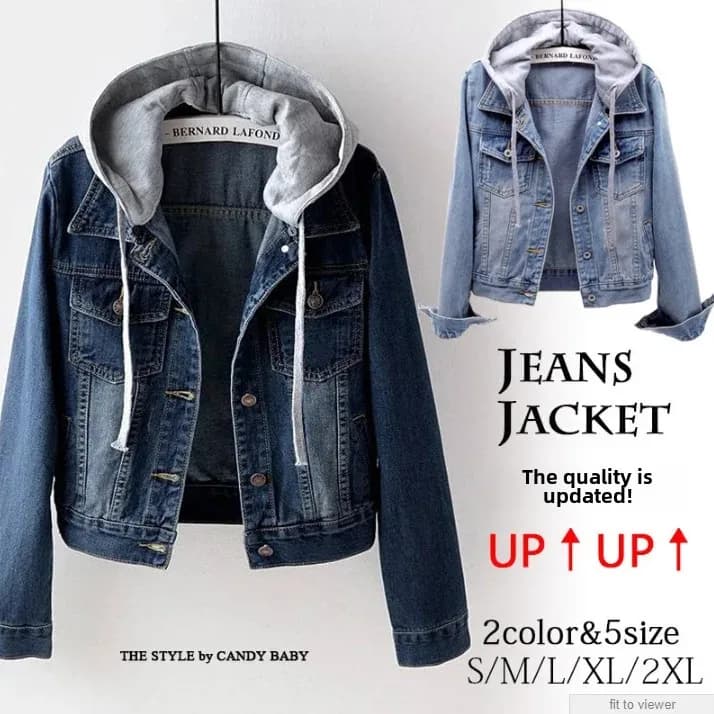 Dámská džínová bunda s kapucí jarní podzimní slim fit módní kabátek svetr modrý