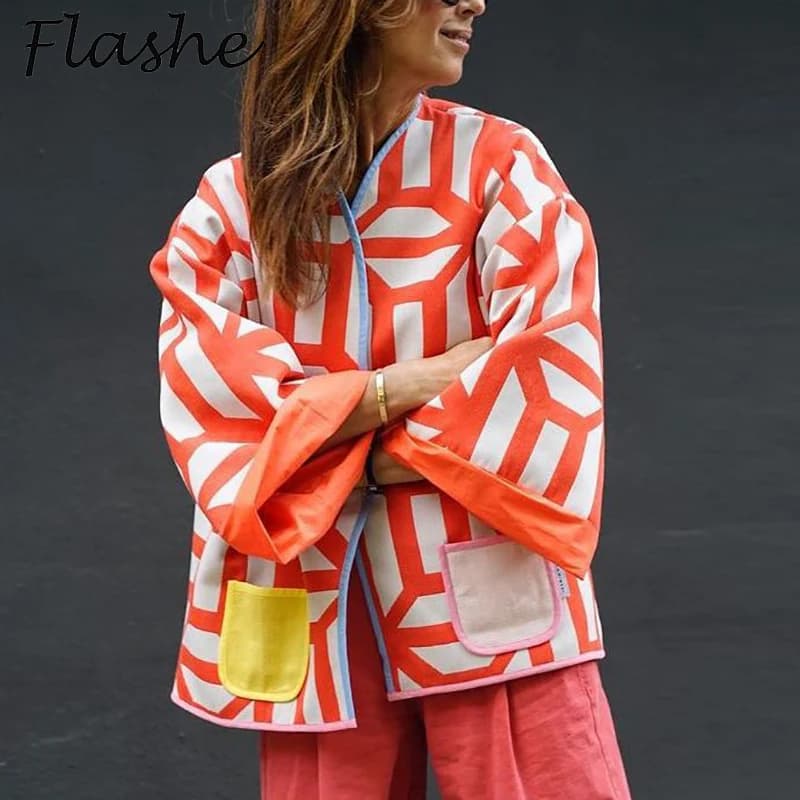 Dámský podzimní kabát s geometrickým vzorem - elegantní módní oversized bunda na zip