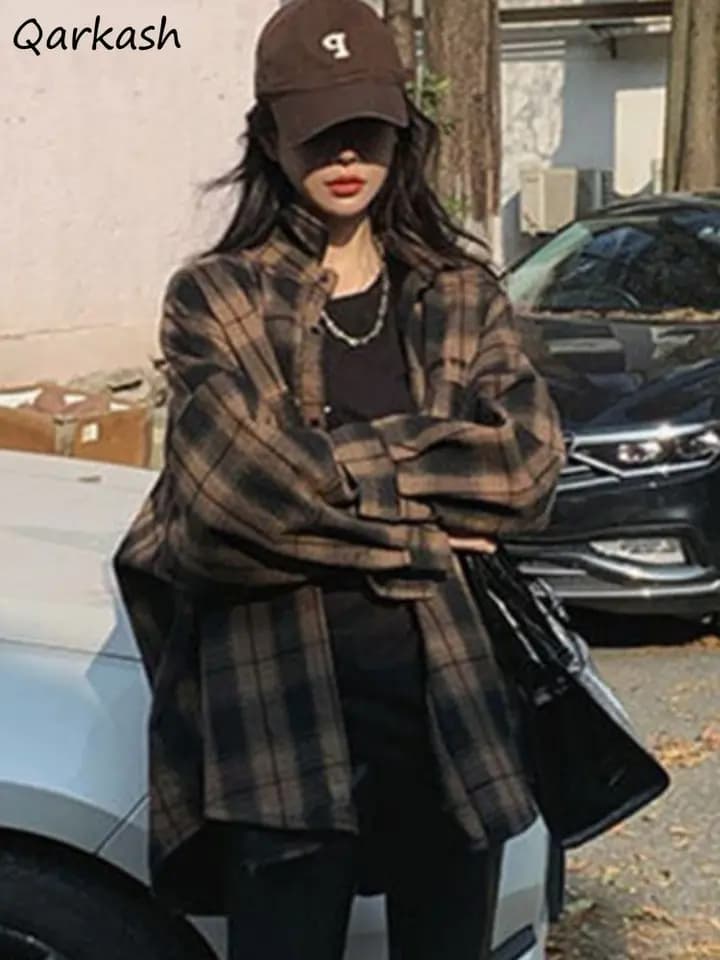 Dámská kostkovaná bunda podzimní volný střih elegantní sportovní svetr casual