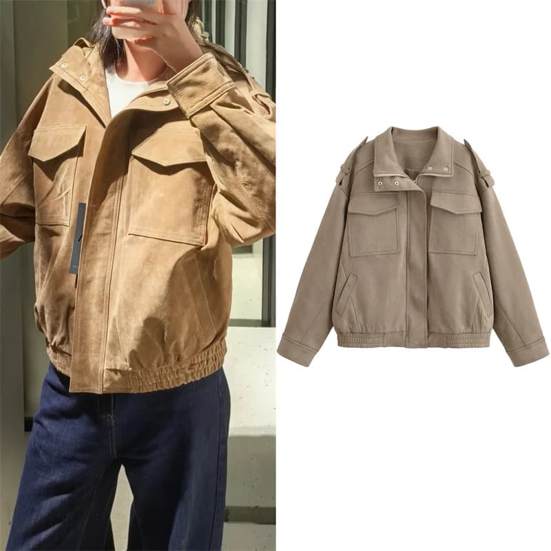 Dámská semišová bunda s límcem na zip - volný střih, podzimní kabát vel. S-XL