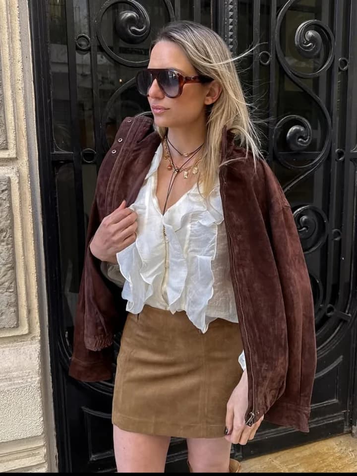 Dámská semišová vintage bunda se zipem - módní teplý kabát do podzimní zimy