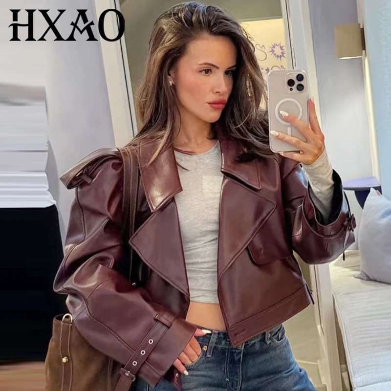 Dámská kožená bunda crop střih * stylový motorkářský kabát * podzimní móda * vínová černá