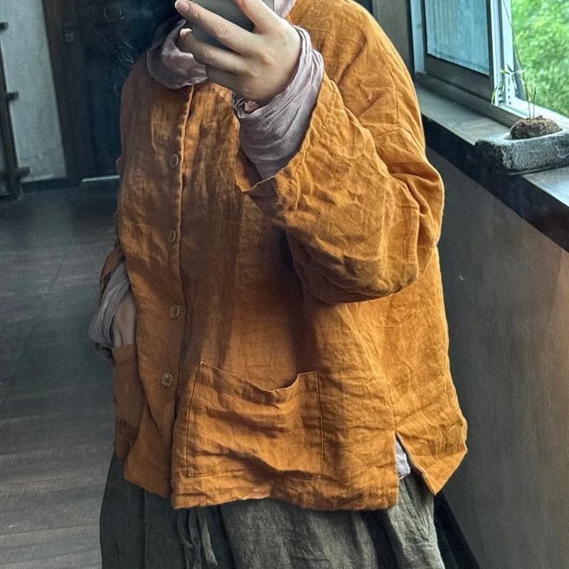 Dámská bavlněná lněná bunda volného střihu - elegantní podzimní kabát v béžové barvě vel. M-XL