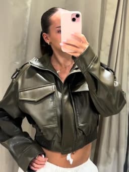 Dámská kožená bomber bunda Y2K crop styl motorkářská móda podzim/zima - náhled 3