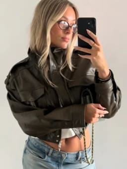Dámská kožená bomber bunda Y2K crop styl motorkářská móda podzim/zima - náhled 2