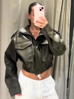 Dámská kožená bomber bunda Y2K crop styl motorkářská móda podzim/zima - náhled 5