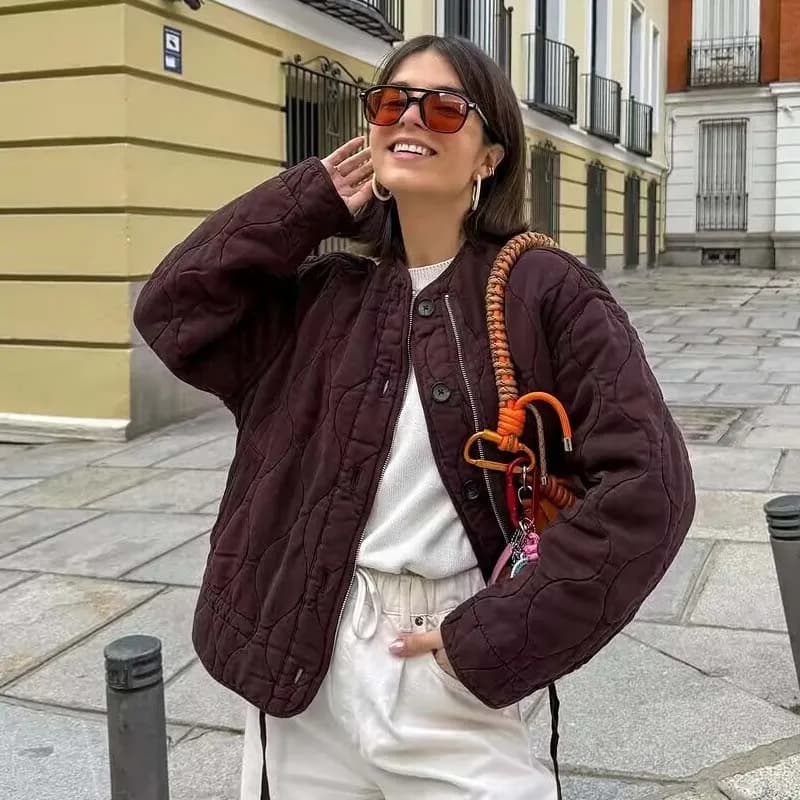 Dámská prošívaná bunda zelená army styl volnočasový kabát podzimní elegantní