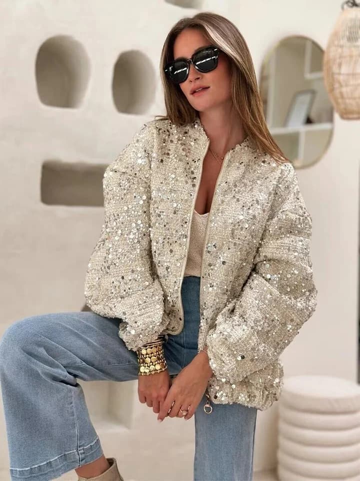 Dámská elegantní flitková bunda s kapsami na zip - moderní podzimní styl