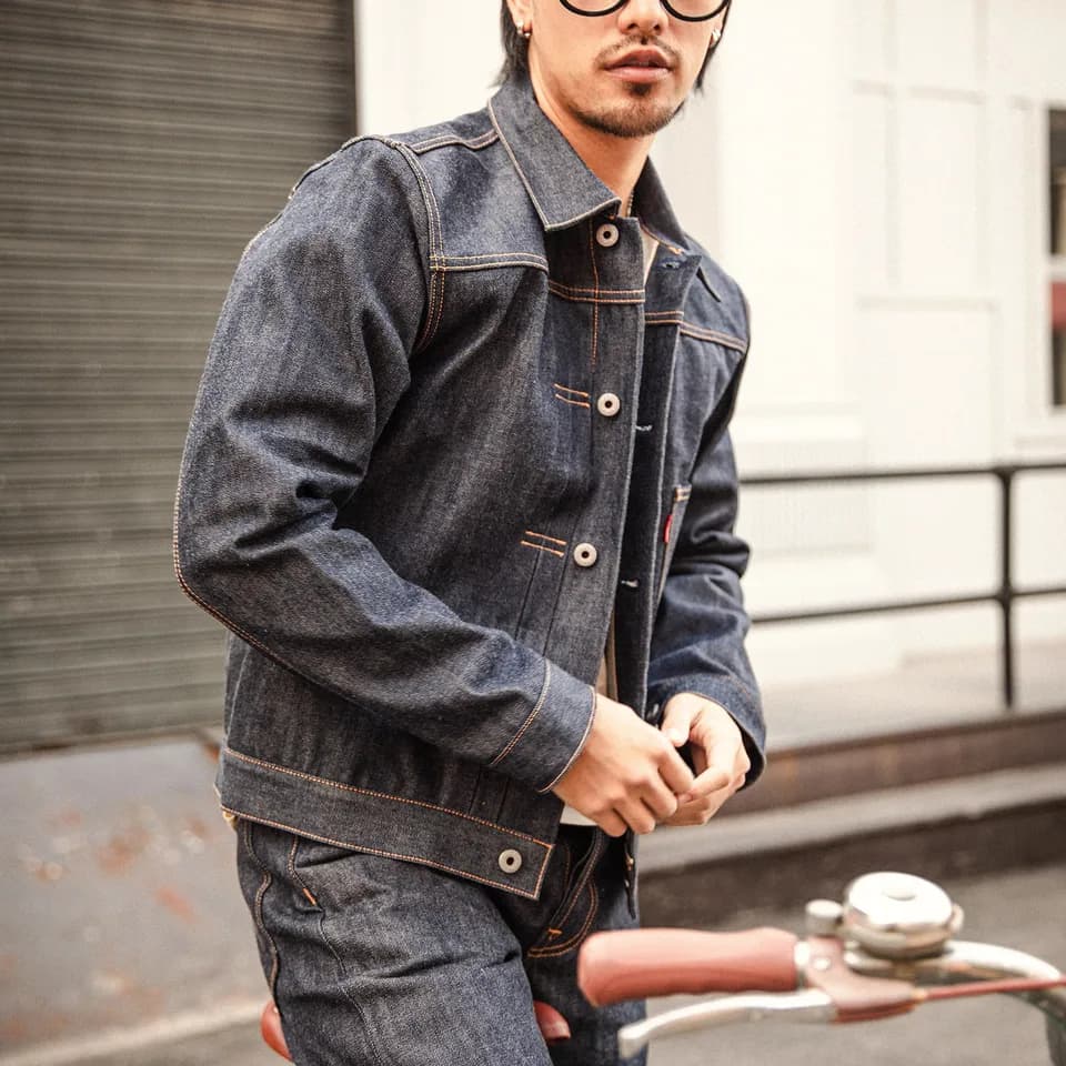 Pánská džínová bunda červená vintage selvedge střih klasický americký styl