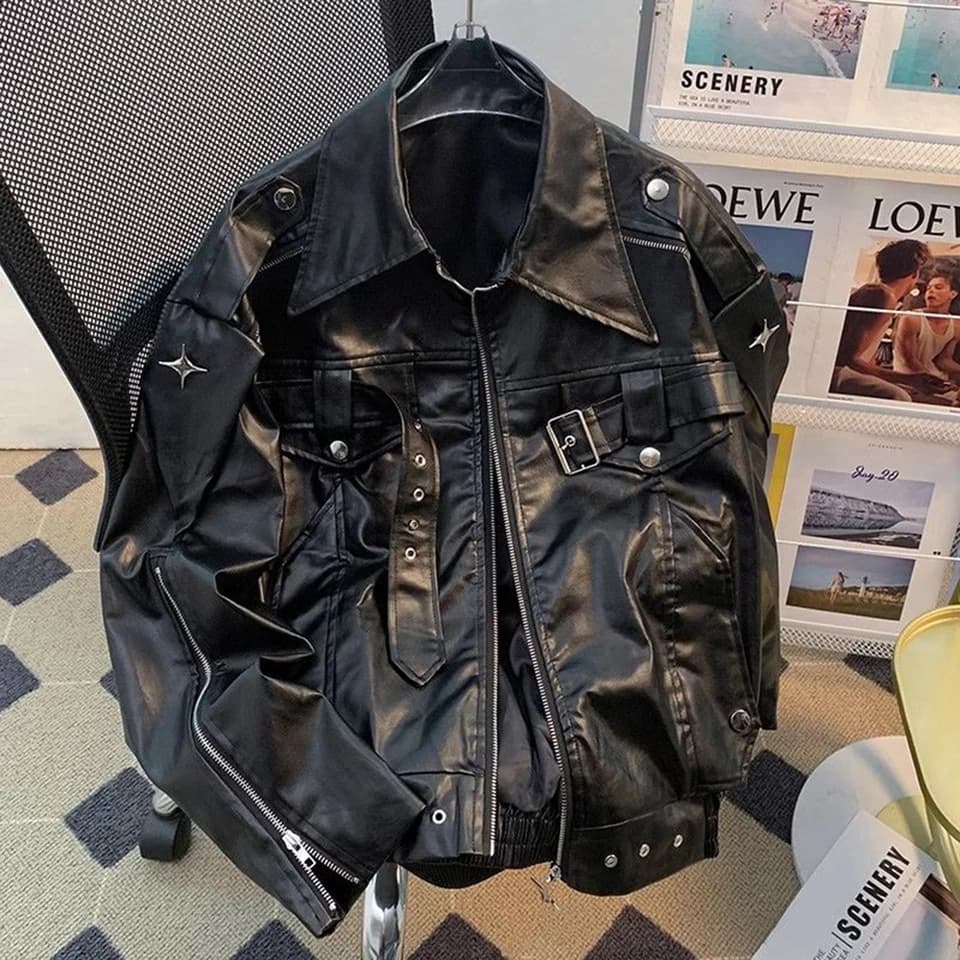 Pánská kožená bunda černá slim fit motorkářská styl módní jarní kabát S-3XL