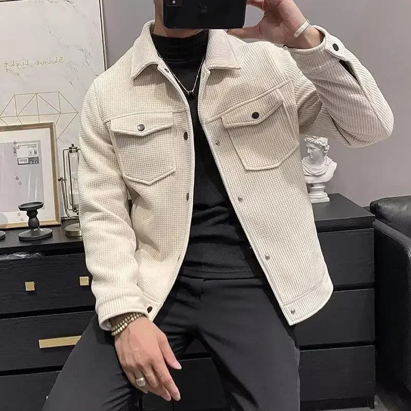 Pánská zimní vlněná bunda s límcem - elegantní a teplý kabát do chladného počasí