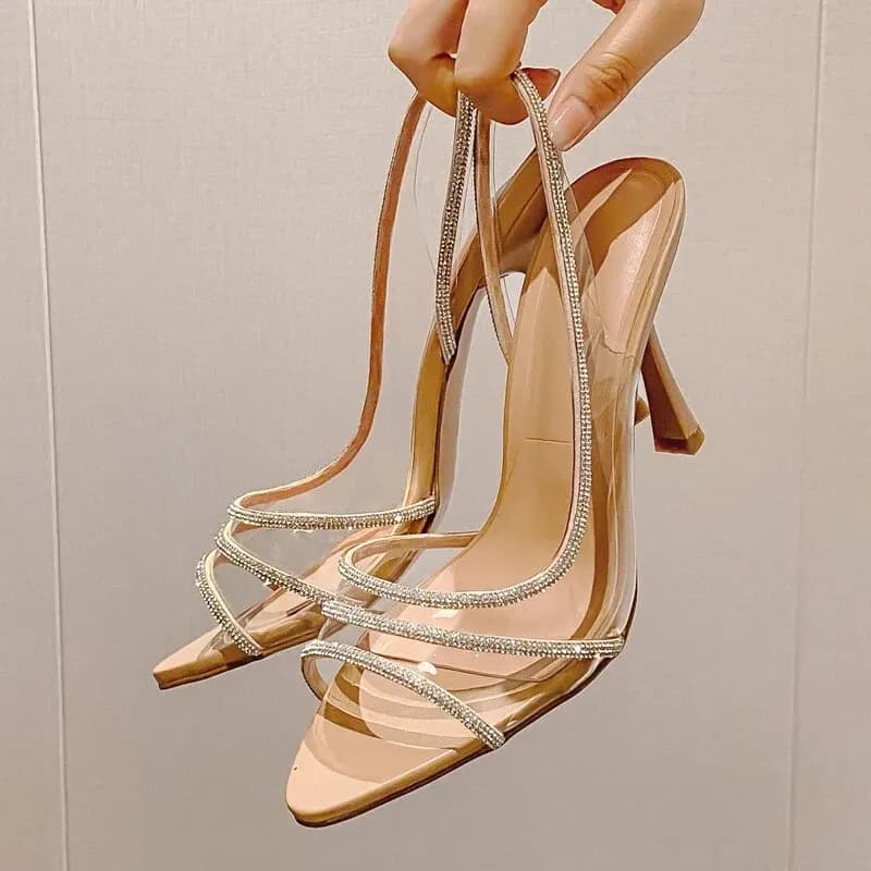Dámské elegantní průsvitné lodičky na vysokém podpatku s kamínky pro společenské události