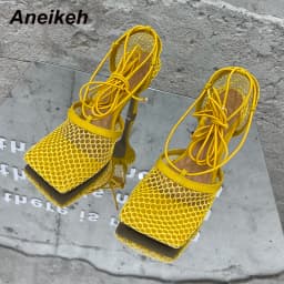 Dámské letní lodičky na podpatku síťované šněrovací elegantní společenské boty na slavnostní večer - náhled 3