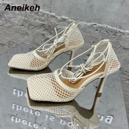 Dámské letní lodičky na podpatku síťované šněrovací elegantní společenské boty na slavnostní večer - náhled 7