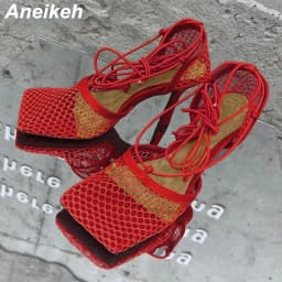 Dámské letní lodičky na podpatku síťované šněrovací elegantní společenské boty na slavnostní večer - náhled 5