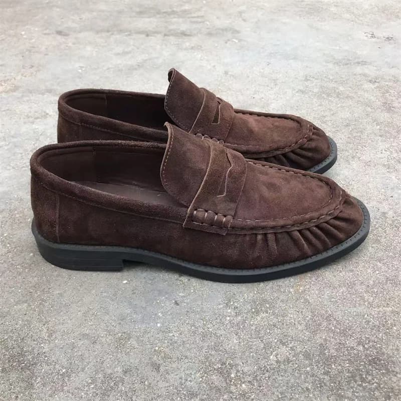 Retro ploché dámské kožené loafers ručně šité z telecí kůže a semiše s gumovou podrážkou