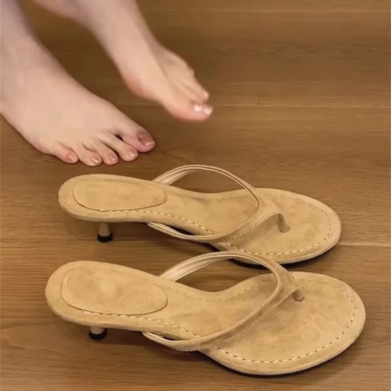 Dámské semišové pantofle luxusní elegantní sandály s kulatou špičkou středně vysokým podpatkem letní