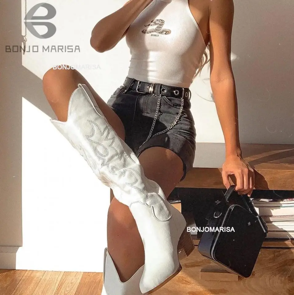 Dámské vyšívané western cowgirl nadkolenní kozačky velikost 45 masivní podpatek platformové boty