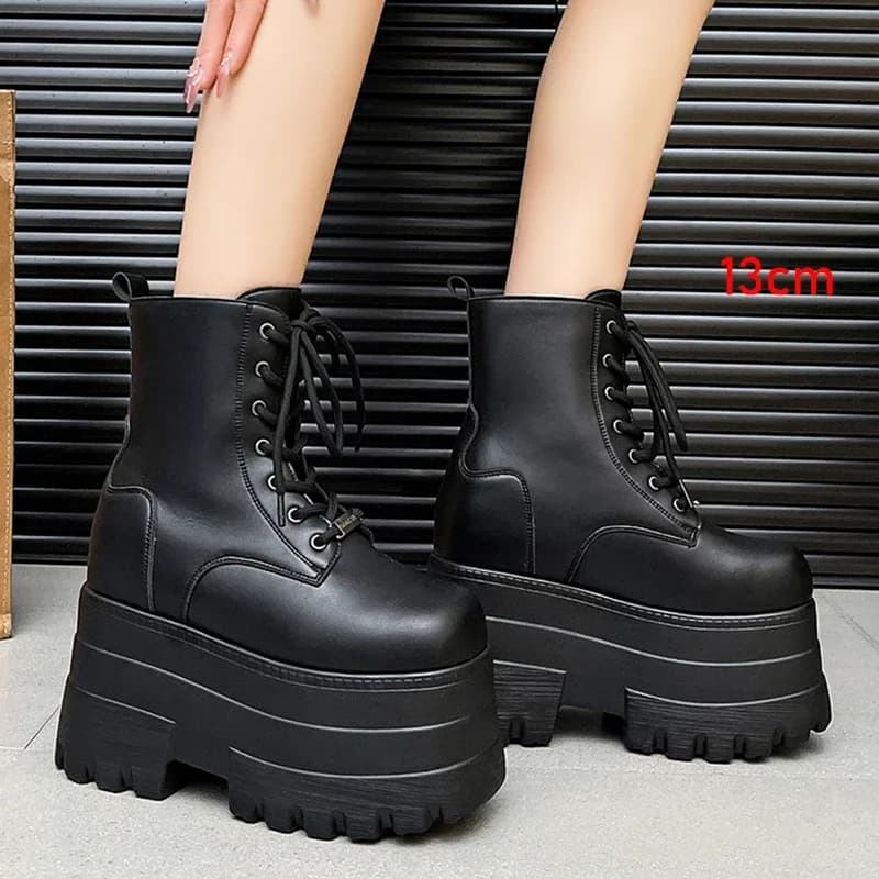 Dámské platformové kotníkové boty 13 cm vysoká platforma chunky šněrovací černé 35-43