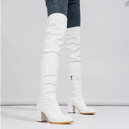 Dámské nadkolenní lakované kozačky s tlustými podpatky sexy styl boty - náhled 4