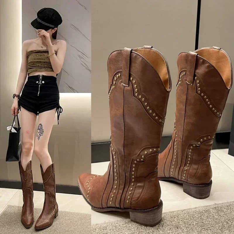 Dámské retro kovbojky s nýty středně vysoké délky snadno obout western boty podzim 2024