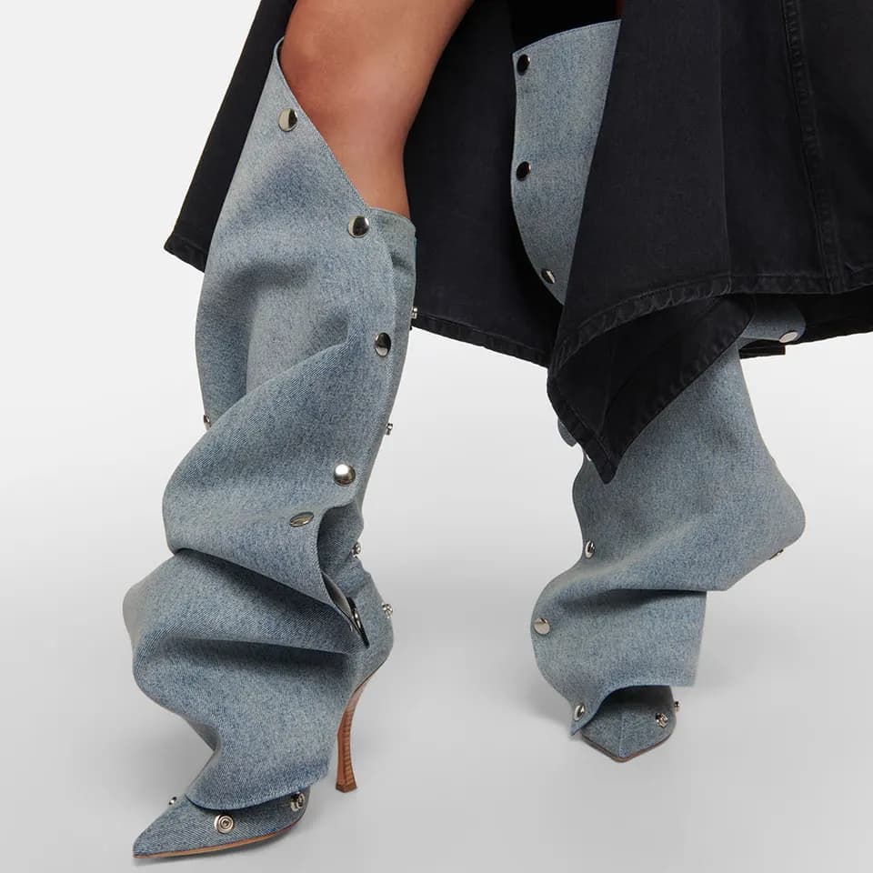 Plus velikost 48 Denim modré nadkolenní boty špičatý nos vysoký podpatek