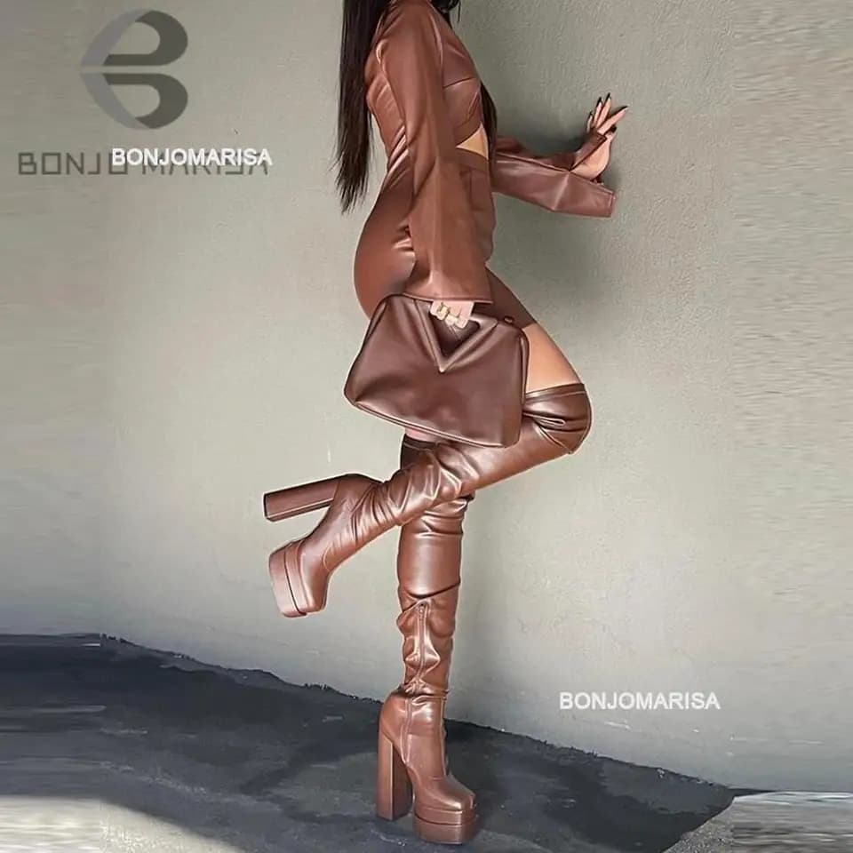 Dámské nadkolenní kozačky s platformou a blokovými podpatky zip sexy dlouhé boty pro ženy