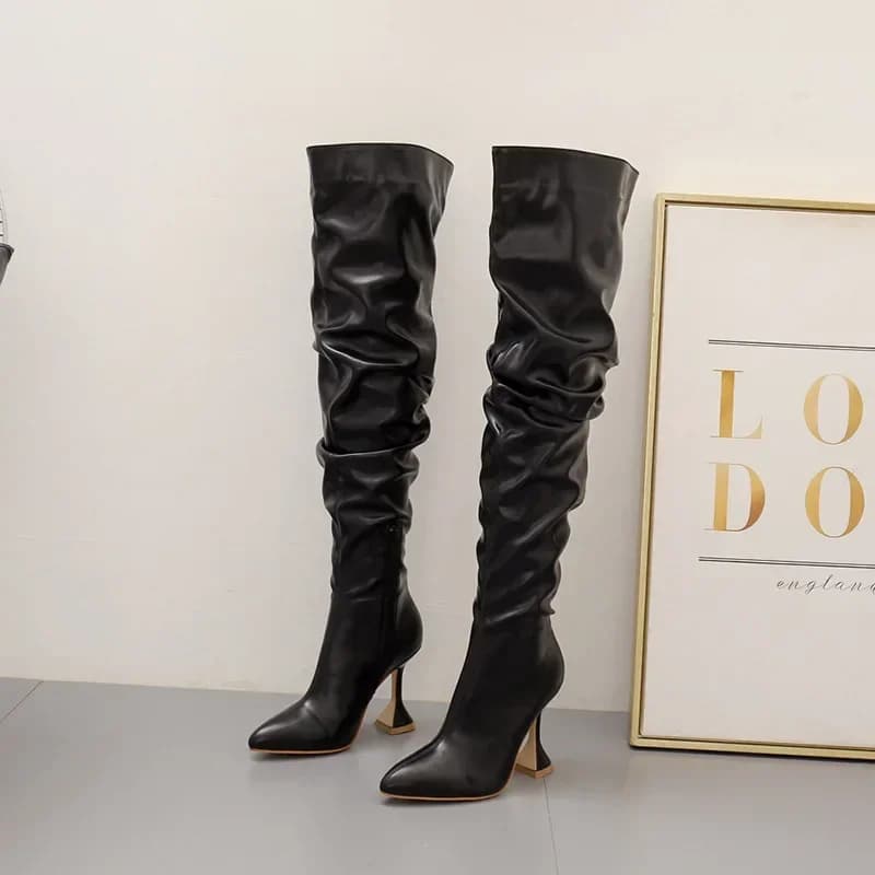 2024 New Stiletto Pointed Leather Boots Women Toe White Heeled Knee Boots Heel Side zipper Thigh Gigh Booties
