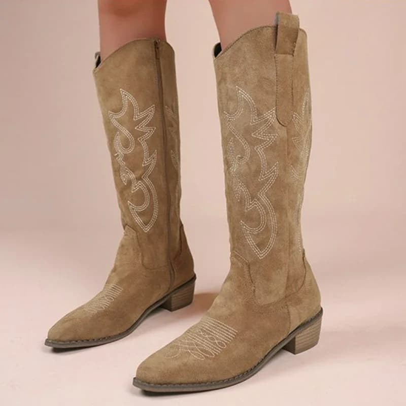 Dámské vyšívané western kozačky nad kolena PU kůže tlustý podpatek jaro podzim