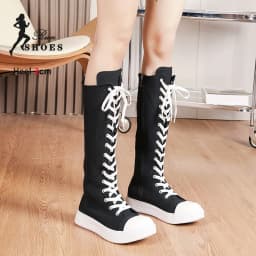 Women High Top Casual Canvas Shoes Spring Autumn Knee-High Boots Lace-up Zipper Ladies Comfort Flats Vulcanize Sneakers 36-43 - náhled 6