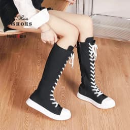 Women High Top Casual Canvas Shoes Spring Autumn Knee-High Boots Lace-up Zipper Ladies Comfort Flats Vulcanize Sneakers 36-43 - náhled 4