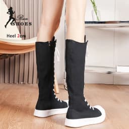 Women High Top Casual Canvas Shoes Spring Autumn Knee-High Boots Lace-up Zipper Ladies Comfort Flats Vulcanize Sneakers 36-43 - náhled 7