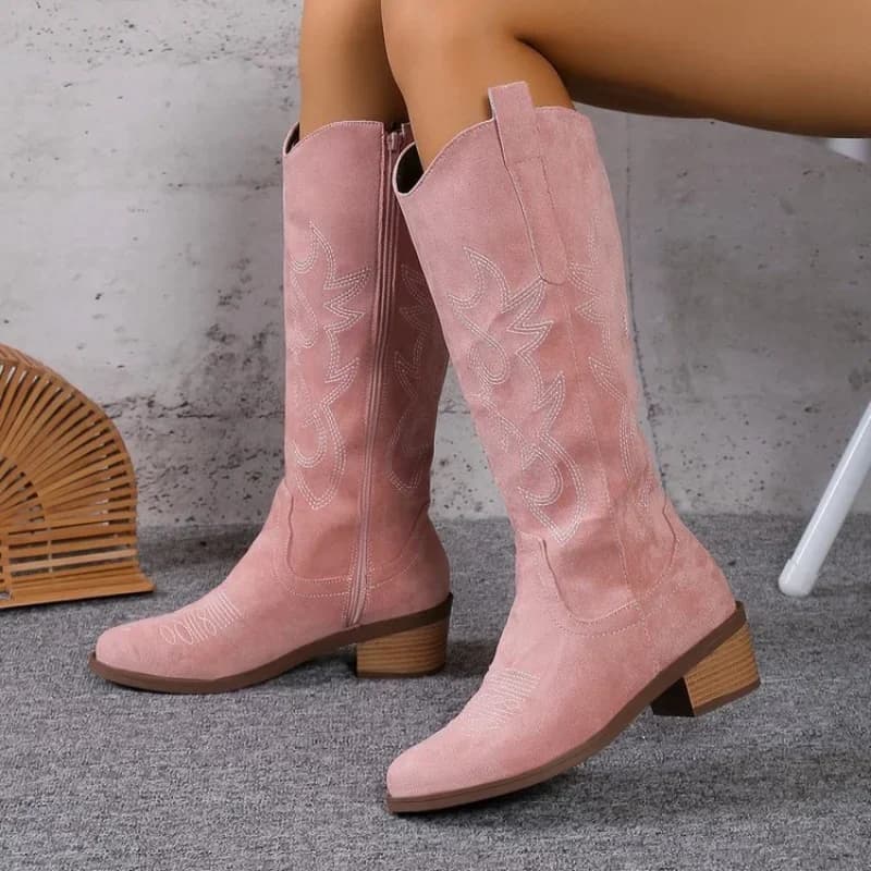 Dámské vyšívané nadkolenní boty PU kůže čtvercová špička retro kovbojský styl
