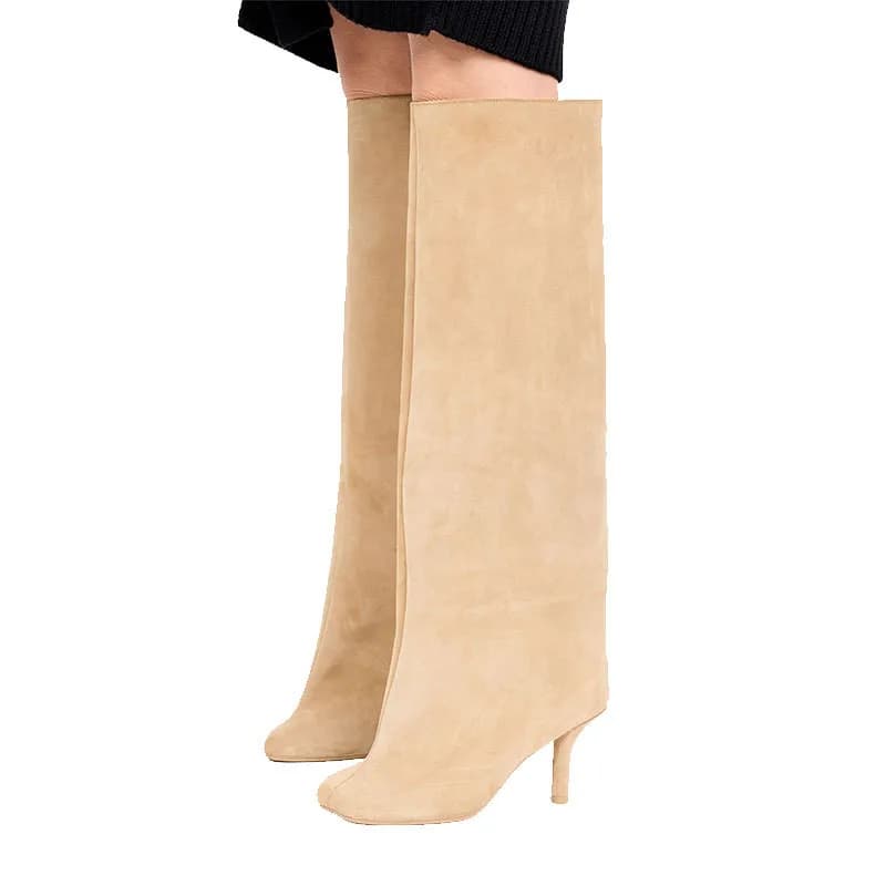 Dámské kozačky nad kolena s nízkým podpatkem kulatá špička jednobarevné