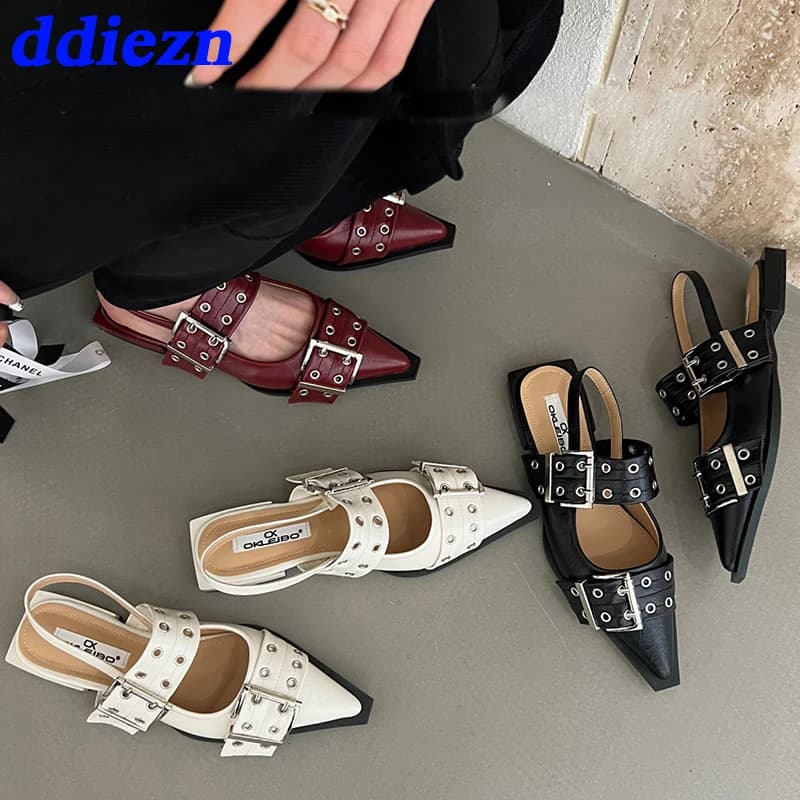 Dámské ploché boty 2025 se špičatou špičkou a přezkou slingback mules sandály