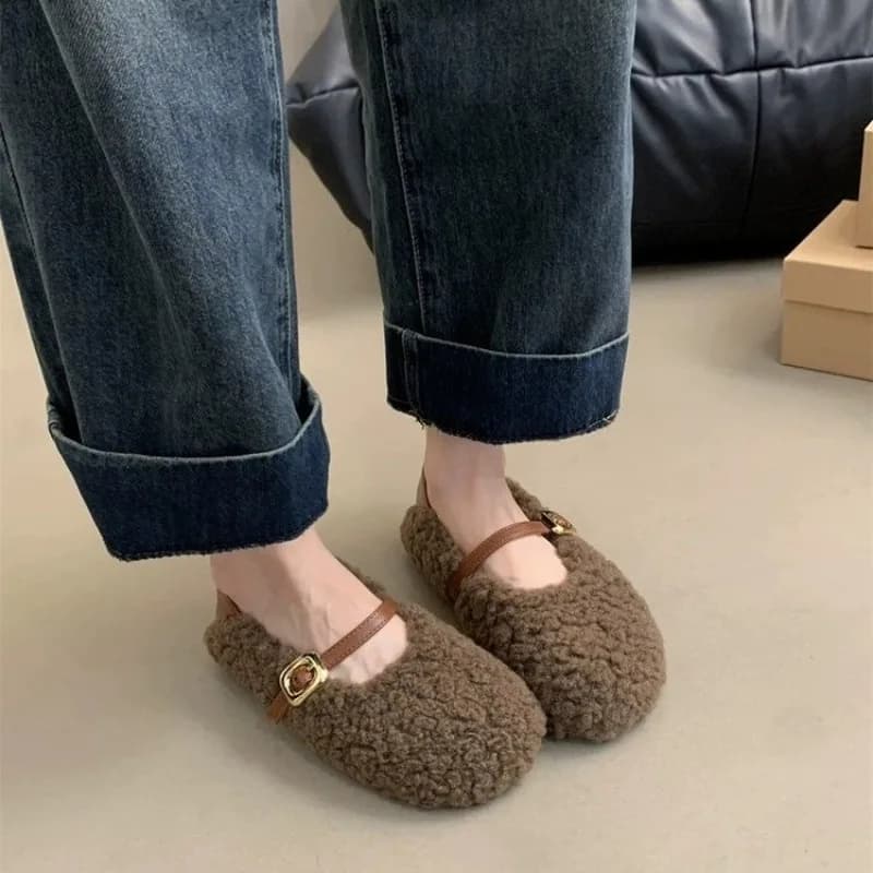 Zimní dámské slip-on boty s kulatou špičkou a kožešinou pohodlné mokasíny