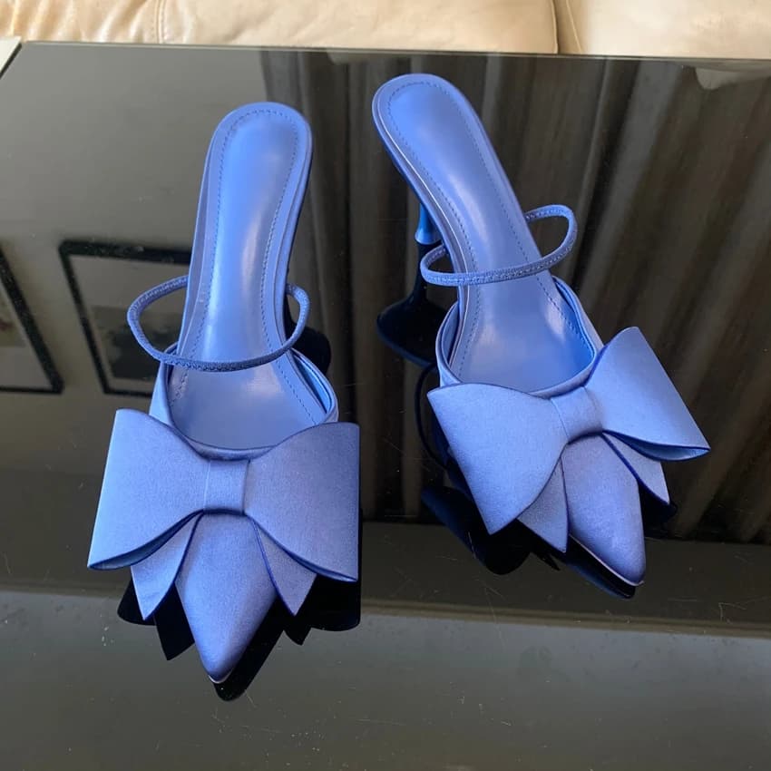 Dámské saténové vysoké podpatky s mašlí slingback špičatý nos elegantní party boty