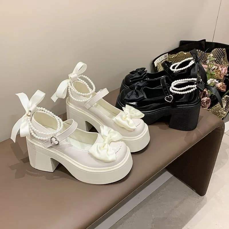 Dámské vysoké podpatky 2024 Mary Jane čtvercový podpatek spona mašle kulatá špička