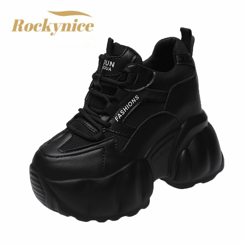 11 cm klínové podpatky boty pro ženy kožené bílé černé kotníkové tenisky síťované šněrování