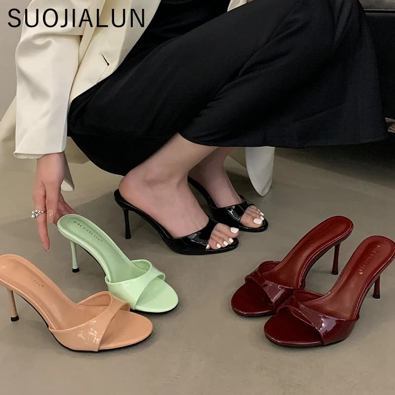 Letní dámské pantofle slip on s otevřenou špičkou elegantní tenké podpatky sandály