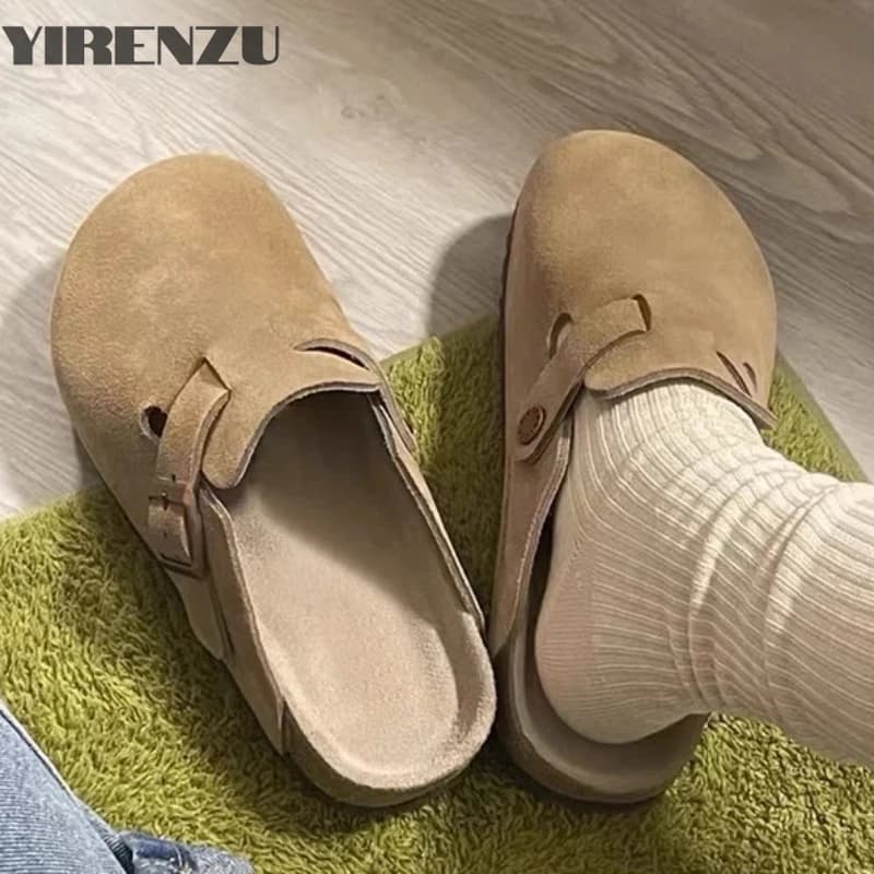 Letní retro ploché pantofle dámské umělý semiš korková podešev platformové venkovní mules