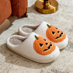 Dámské zimní domácí pantofle s plyšovým povrchem pohodlné interiérové Halloween motiv dýně - náhled 6