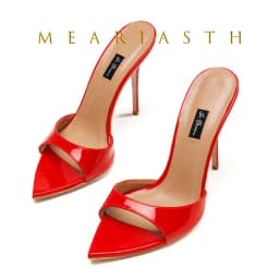 Červené patentové kožené dámské mules s vysokým podpatkem peep toe pohodlné slip on boty - náhled 2
